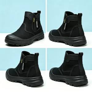 Detailed four-angle view of black high-top outdoor boots with mesh panels and side zipper