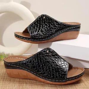 Black crocodile pattern wedge slippers for women with peep toe and thick sole design