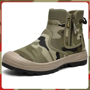 Men's Outdoor Tactical Boots Camouflage Combat Boots Side Zipper High-Top Non-Slip Hiking Shoes Canvas Wear-Resistant Duty Boots