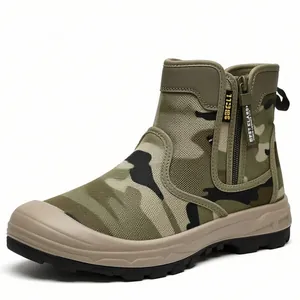 Durable high-top camouflage outdoor combat boots with side zipper and anti-slip rubber sole