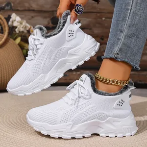 Dames Winter Warme Casual Sneakers Pluche Gevoerd Vetersluiting Ronde Neus Effen Kleur Zachte Zool Outdoor Wandelschoenen Katoenen Schoenen