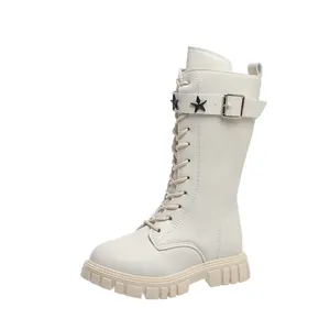 Stylish girls' cream white lace-up Martin boots with star buckle strap and chunky lug sole