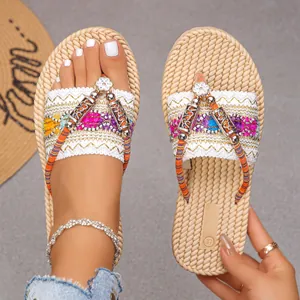 Chancletas de Plataforma Bohemias para Mujer Sandalias de Cuña de Paja Tejida Bordadas con Flores Suela Gruesa Zapatos de Playa