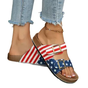 Women's US flag print double buckle sandals Independence Day patriotic beach slides