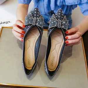 Microfiber Pointed Toe Flat Shoes For Women French Rhinestone Sequin Bow Shallow Mouth Soft Sole Large Size Ballet Flats