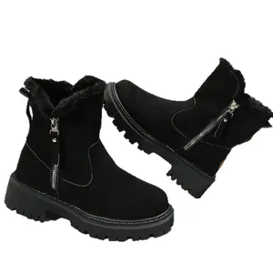 Botas de nieve negras para mujer con forro de piel sintética cálida y cremallera lateral
