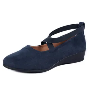 Élégantes chaussures compensées en daim bleu foncé à bout pointu et brides élastiques