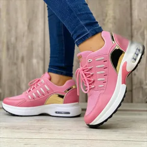 Damen Fashion Sneaker Atmungsaktives Mesh Flying Woven Höhenvergrößernde Plateausohle Luftpolster Schnüren Sportliche Freizeitschuhe