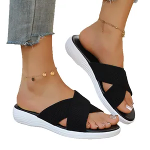 Summer sports knit flat slides for women with criss-cross straps and white sole