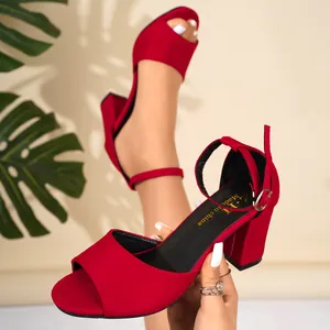 Women's Peep Toe Block Heel Sandals Ankle Strap Buckle Back Zipper Matte Suede High Heels European Style Summer Sandals