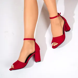 Elegant red suede peep-toe chunky high heel sandals with adjustable ankle strap detail