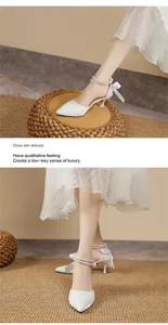 Detailed view of white pointed-toe heels with pearl straps and elegant bow accents.