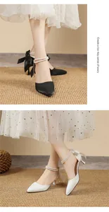 Elegant French style pointed toe heels with pearl ankle strap and bow detail