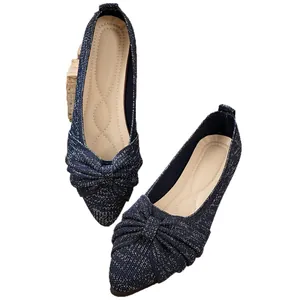 Eleganti ballerine in tweed blu scuro a punta con fiocco raffinato da donna