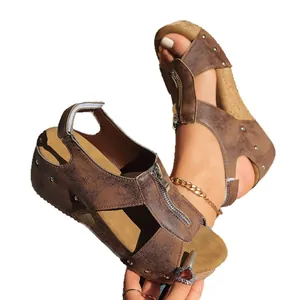 Stylish brown distressed wedge sandals with platform sole and rivet details for women