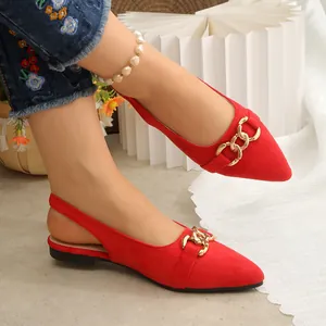 Red pointed-toe slingback flats with gold chain detail, elegant summer mules for women.