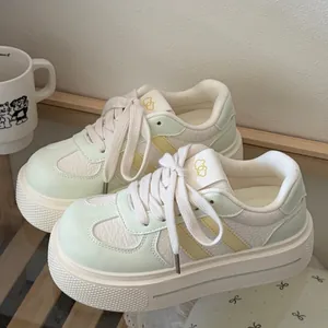 Pastel mint green and yellow platform bread sneakers for women with thick soles