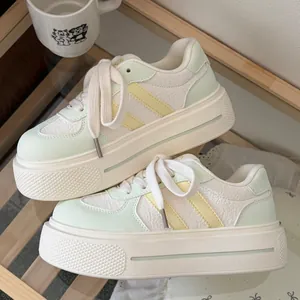Close-up detail of women's pastel platform sneakers featuring mint green accents