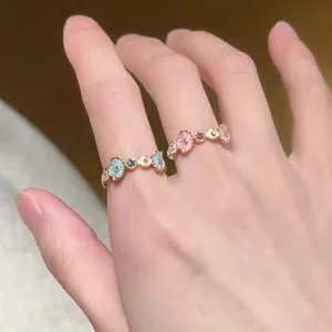 Luxury Blue Pink Flower Open Ring For Women Adjustable Gold Plated Enamel Floral Rhinestone Finger Ring Sweet Jewelry Gift