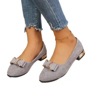 Elegant grey pointed-toe low heel pumps with sparkling rhinestone bow detail