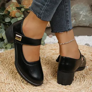 Close-up of elegant black Mary Jane mid-heel shoes with gold buckle and block heel