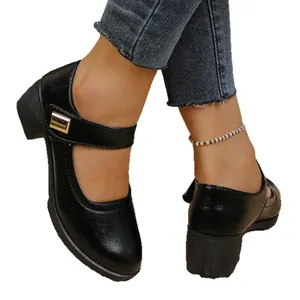 Elegant black thick heel Mary Jane shoes for women comfortable casual work wear style