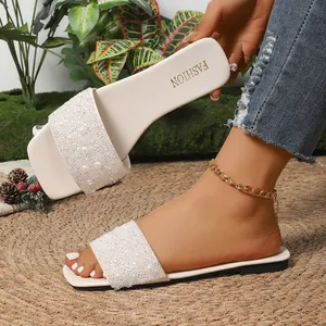 Ciabatte Basse Donna Perla Artificiale Strass Punta Quadrata Pelle PU Spiaggia Estate Moda Casual Sandali Outdoor