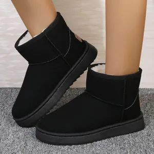 Detalle de botas de nieve negras para mujer con forro de piel sintética y acabado de gamuza.