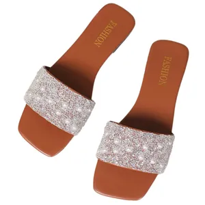 Fashionable brown flat slides with pearls and rhinestones for beach wear