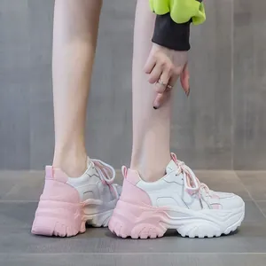 White and pink chunky sneakers for women, thick sole casual sport footwear detail
