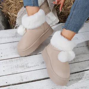 Botas de nieve con plataforma cálidas con ribete de piel blanca y detalle pompon
