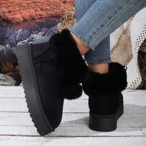 Detalle de botas de nieve negras con plataforma, piel sintética y pompones suaves