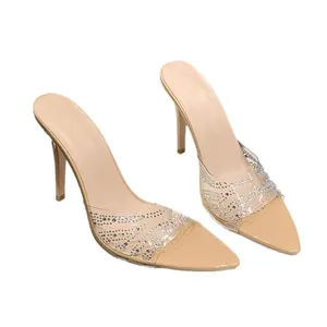 Σέξι nude mules με μυτερή μύτη και ψηλό τακούνι με διαφανή λουράκια διακοσμημένα με strass