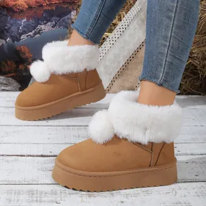 Detalle de botas de nieve de invierno para mujer con ribete de piel y suela de plataforma