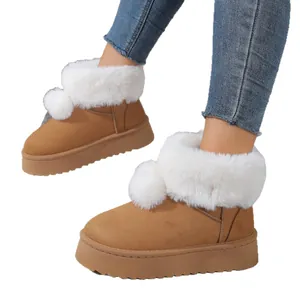 Botas de nieve de invierno para mujer con suela de plataforma y pompón de piel sintética