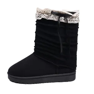 Elegant black Lolita winter boots featuring lace trim and ribbon bow detail for women