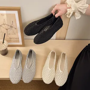 Detailed view of breathable mesh pointed-toe flat shoes in black, silver, and white.