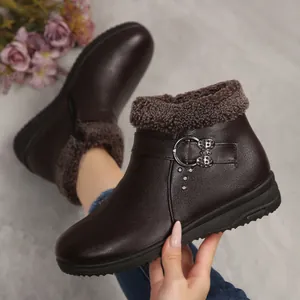 Dames Winter Sneeuwlaarzen PU Leer Verdikte Imitatiebont Voering Warme Laarzen Zijrits Strass Decor Antislip Schoenen