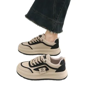 Korean style beige and black platform sneakers for women with thick sole and casual design