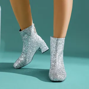Botas de media pantorrilla con lentejuelas plateadas y tacones altos para moda de invierno