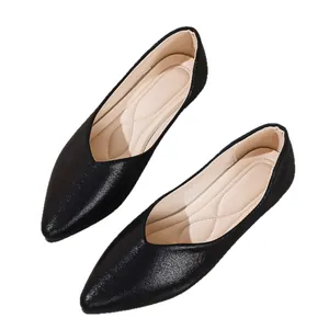 Elegant black pointed-toe flats for women, French style minimalist slip-on dress shoes