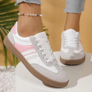 Women Retro German Army Trainers Color Block PU Leather Sneakers Casual Flat Lace Up Board Shoes For Spring Summer Fashion White Pink