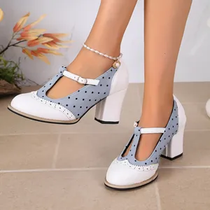 Detail view of vintage block heel Brogue shoes with polka dots and T-strap.