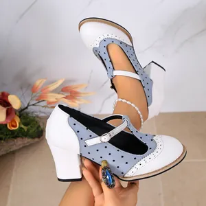 Elegant vintage white and blue polka dot T-strap Mary Jane shoes with chunky block heel