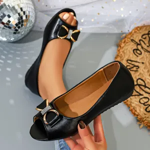 Elegant black peep-toe flat shoes with gold rhinestone bow for casual French style