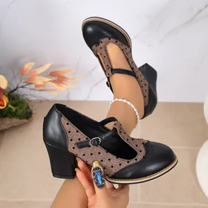 Vintage T-strap polka dot chunky heel Mary Jane pumps for women in black and brown
