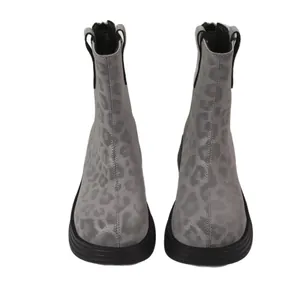 Stylish grey leopard print ankle boots for women with round toe and back zipper closure
