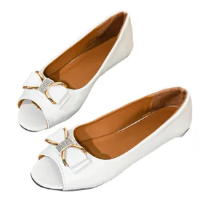 Elegant white peep-toe flat shoes featuring a French style bow with rhinestone detailing