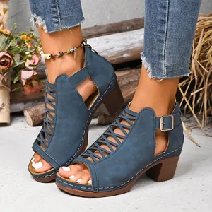 Stylish blue faux suede peep-toe sandals featuring cutout lace-up design and block heels