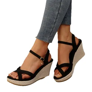 Elegant women's black wedge sandals featuring crisscross straps and woven platform sole